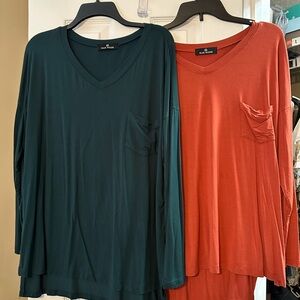 Rae Mode Women's V-Neck Tops - Dark Green and Rust